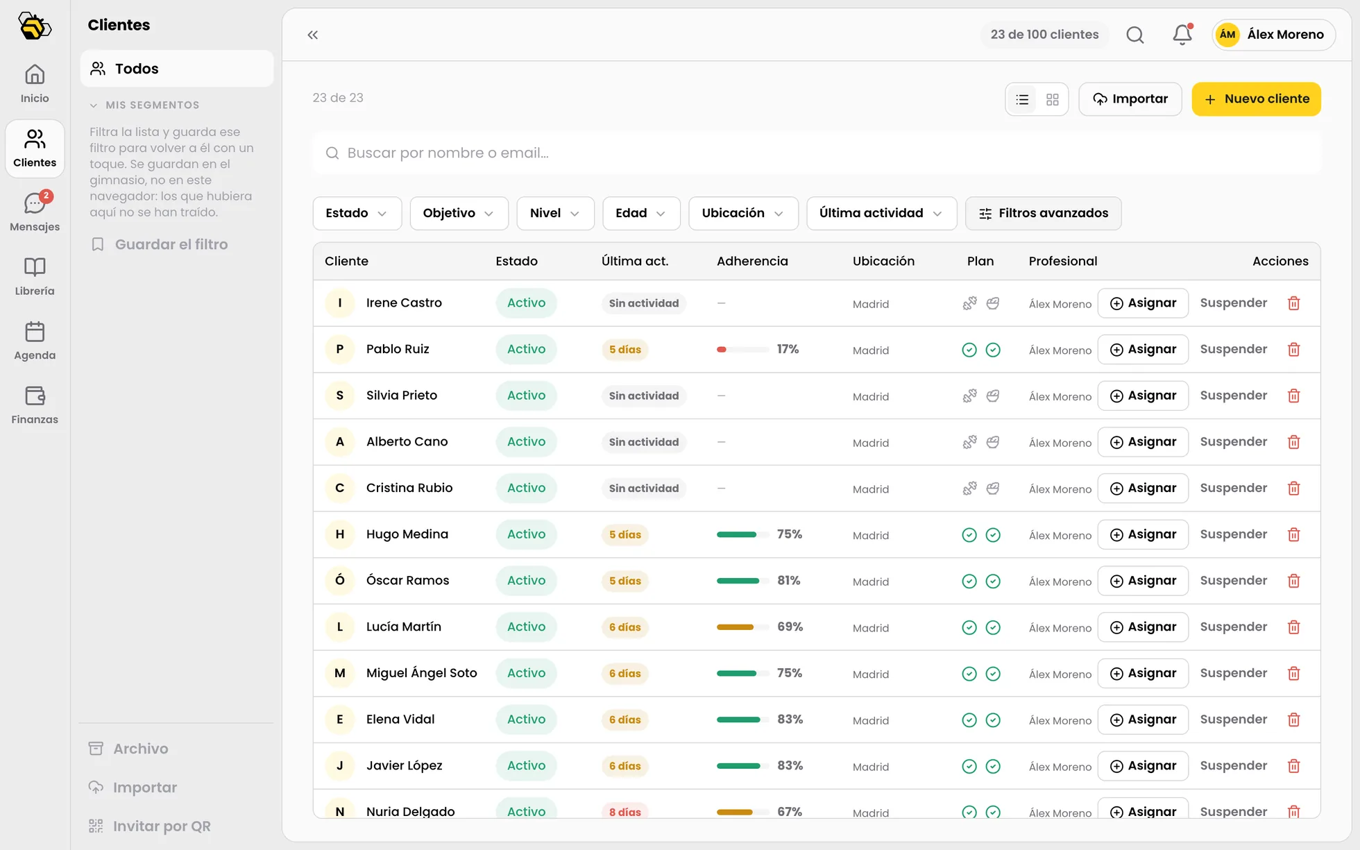 La lista de clientes de TrainBee, con su adherencia y su proximo pago